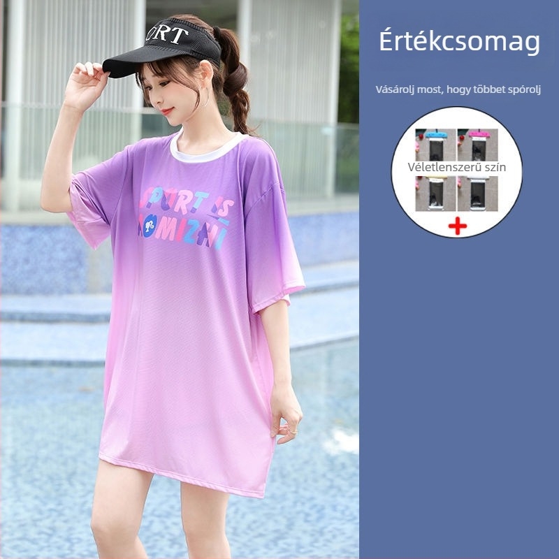 Női 3-részes konzervat úszóruha szett a tengerparti nyaraláshoz, gradient mintával, mellpárnákkal, poliészter-elasztán (5%), középmagas ujjak