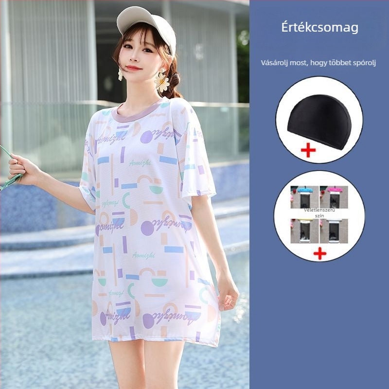 Női 3-részes konzervat úszóruha szett a tengerparti nyaraláshoz, gradient mintával, mellpárnákkal, poliészter-elasztán (5%), középmagas ujjak