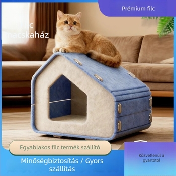 Filc macskafészek minden évszakra, félzárt dizájn, levehető és mosható, karmoló tábla, biztonságos alvó fészek