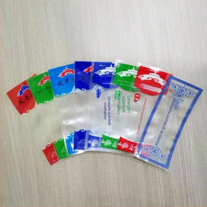 Marhahús jerky vákuumtasakok — műanyag élelmiszercsomagoló tasakok, Huihai Packaging, eredet Hebei Cangzhou, engedélyszám Hebei XK16-204-00560
