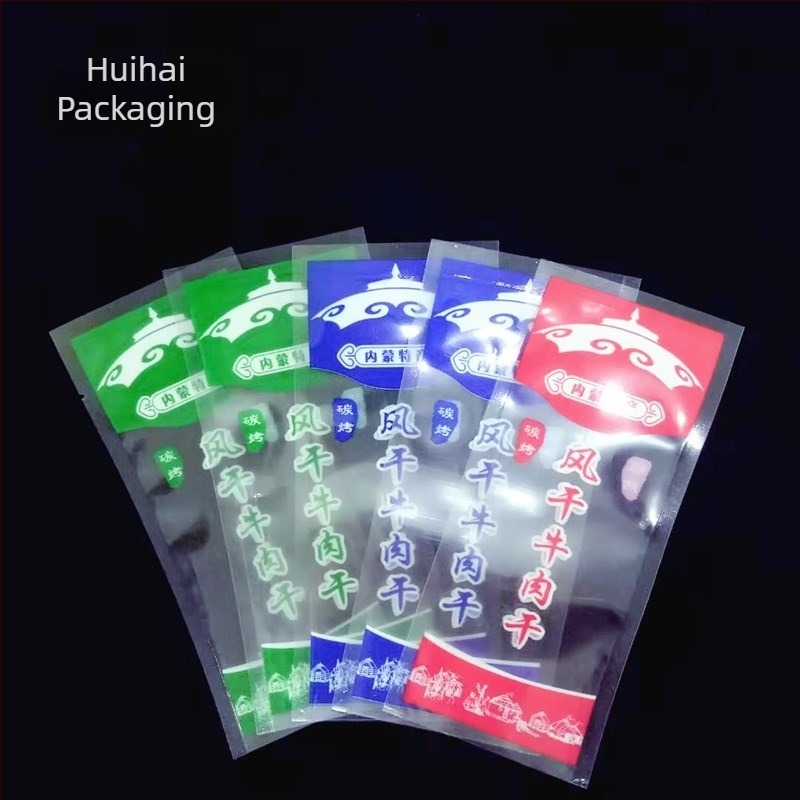 Marhahús jerky vákuumtasakok — műanyag élelmiszercsomagoló tasakok, Huihai Packaging, eredet Hebei Cangzhou, engedélyszám Hebei XK16-204-00560