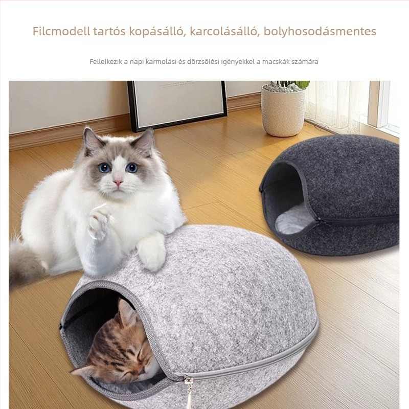 Tojás alakú macskafészek filcből, teljesen zárt, levehető és mosható, téli melegen tartó