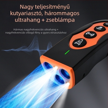 Hárommagos ultrahangos kutyariasztó LED-es villogó fénnyel — kültéri, hordozható