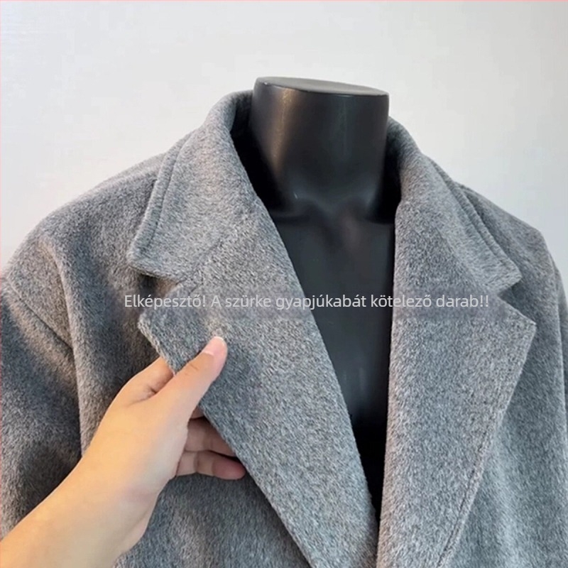 Szürke alpakagyapjúból készült rövid kabát férfiaknak, téli vastag kivitel, koreai stílus, brit elegáns hangulat.