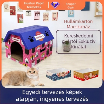 Hullámkarton macskaház kaparódeszkával, villa-stílusú macska házikó, tágas belső tér, minden évszakra alkalmas