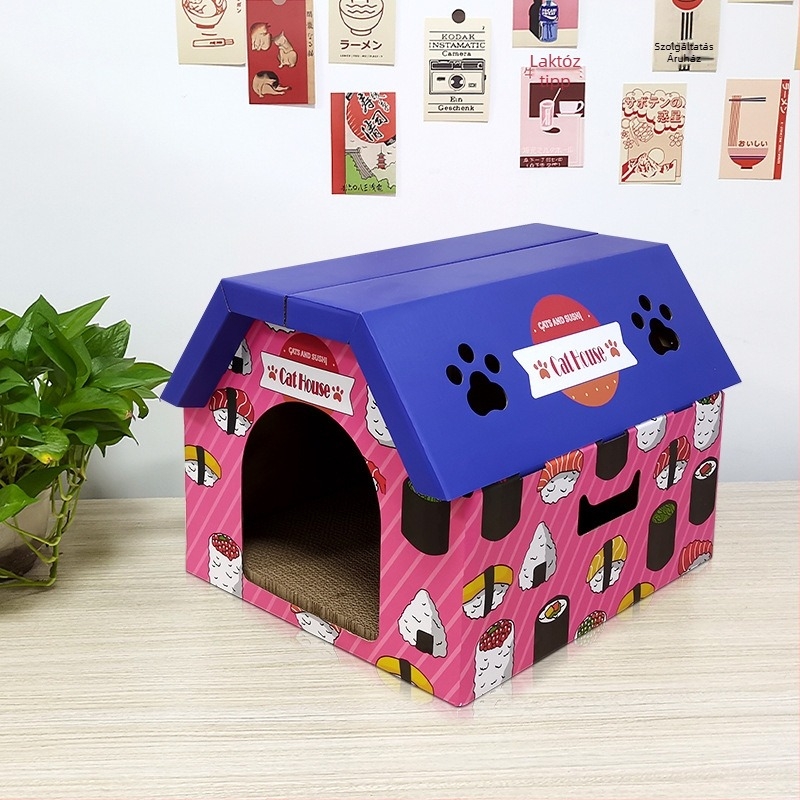 Hullámkarton macskaház kaparódeszkával, villa-stílusú macska házikó, tágas belső tér, minden évszakra alkalmas