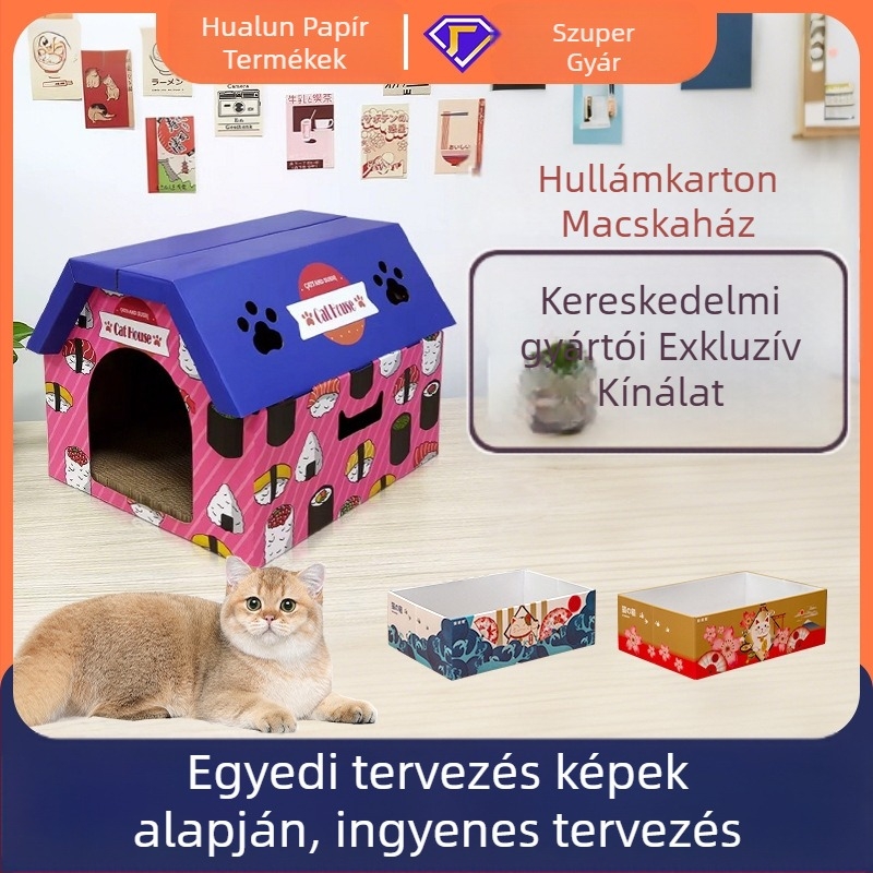 Hullámkarton macskaház kaparódeszkával, villa-stílusú macska házikó, tágas belső tér, minden évszakra alkalmas