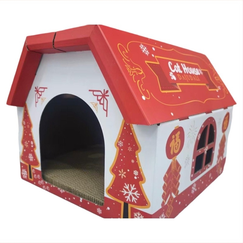 Hullámkarton macskaház kaparódeszkával, villa-stílusú macska házikó, tágas belső tér, minden évszakra alkalmas