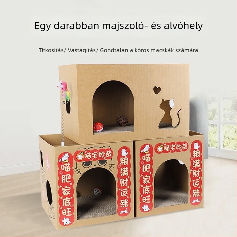 Macska kaparódeszka integrált fészekkel, karcolás- és kopásálló, nem hullik szőr, kétszeres rétegű hullámkarton doboz, macska ház játék