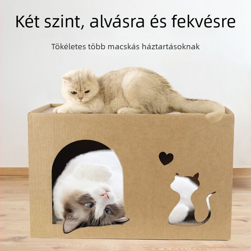 Macska kaparódeszka integrált fészekkel, karcolás- és kopásálló, nem hullik szőr, kétszeres rétegű hullámkarton doboz, macska ház játék