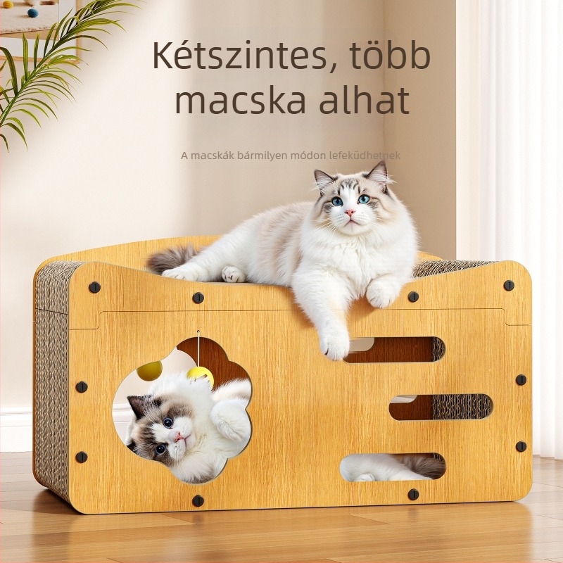 Macska karmoló és macska ház egyben – vertikális kialakítás MDF-ből és hullámkartonból, modell YPB007, egyszerű stílus, csomagolás: 8 nagy darab/doboz; 6 extra-nagy/doboz.