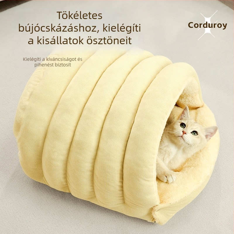 Zárt macskafészek téli melegséggel, biztonságos kialakítás, minden évszakban használható, macska- és kutyafészek