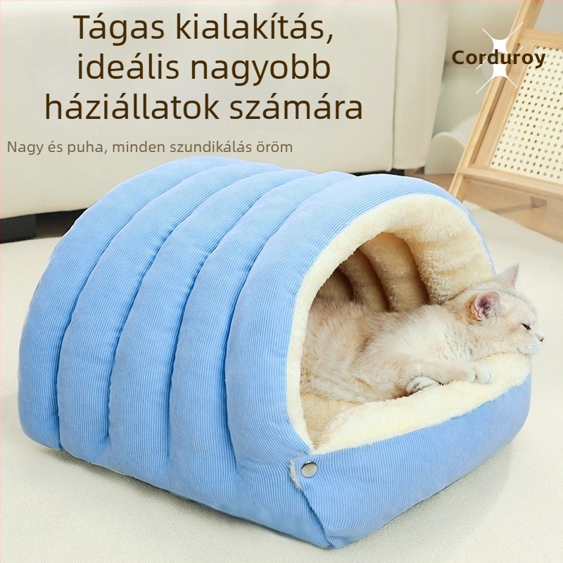 Zárt macskafészek téli melegséggel, biztonságos kialakítás, minden évszakban használható, macska- és kutyafészek