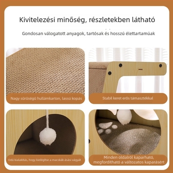 Vertikális macska-karcoló tábla tartós hullámkartonból, integrált kanapéval és odúval, karmok élezője macskák kölykei számára