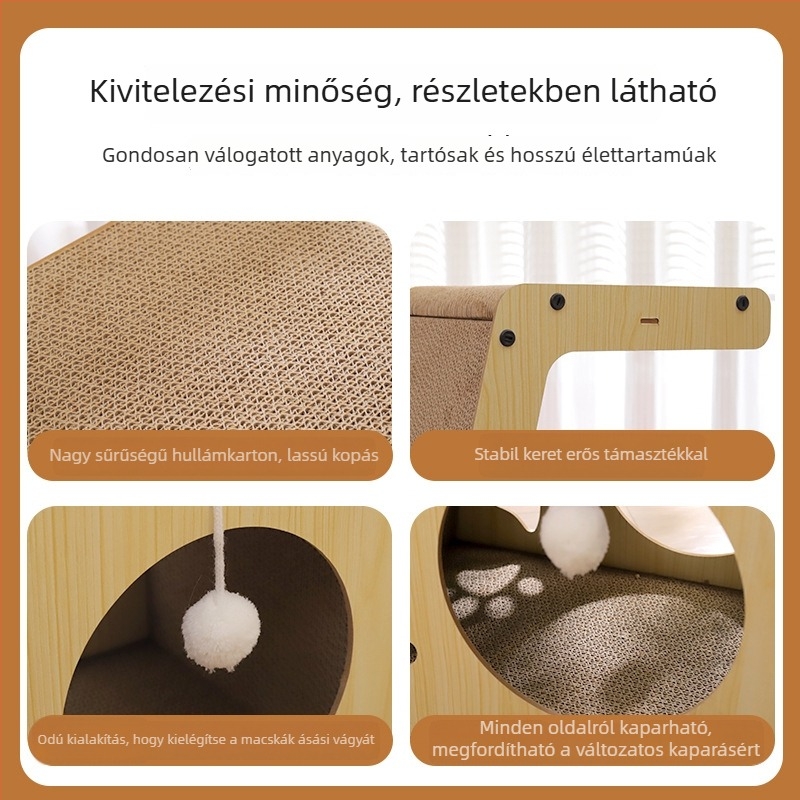 Vertikális macska-karcoló tábla tartós hullámkartonból, integrált kanapéval és odúval, karmok élezője macskák kölykei számára