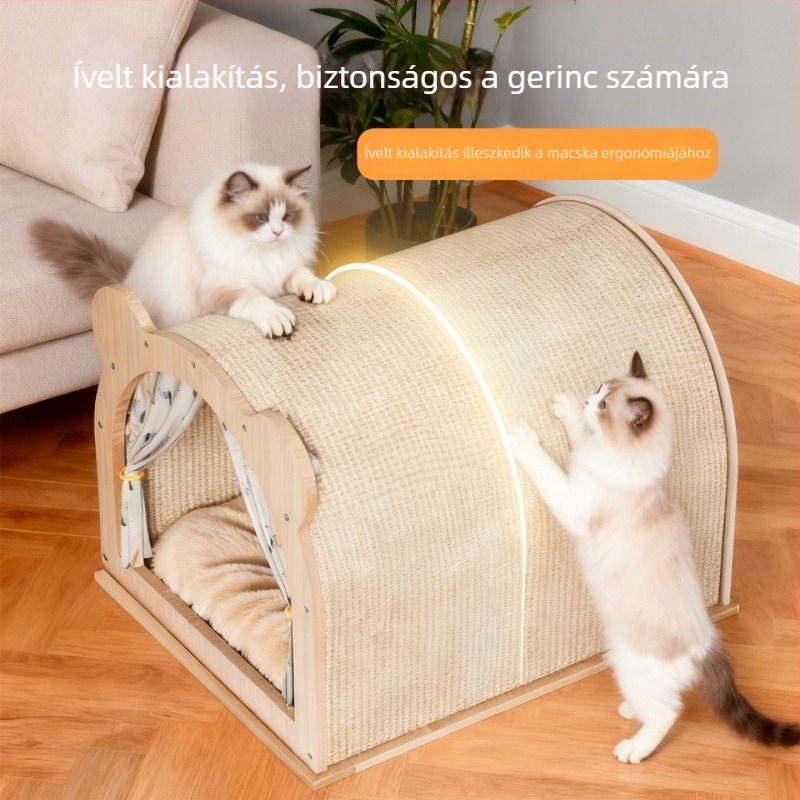 Sisal macska kaparódeszka beépített odúval, mindent egyben, XXL méret, tartós, nem hullik a szőr, minden évszakra