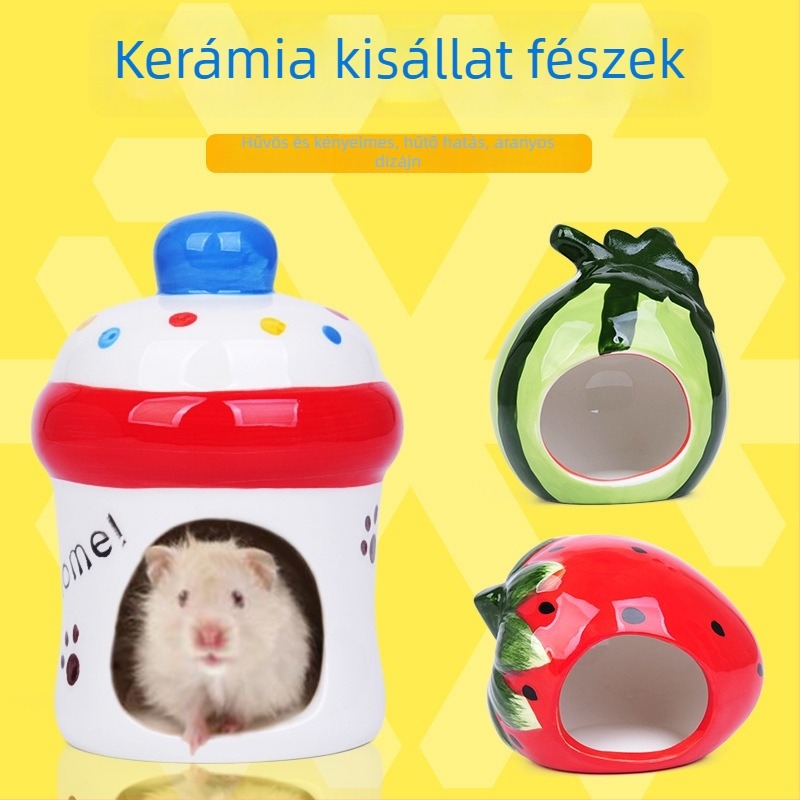 Keramikus hörcsögfészek egész éves használatra, tejesüveg formájú kivitel, eper–dinnye motívummal, aranyos gyümölcsös dizájn