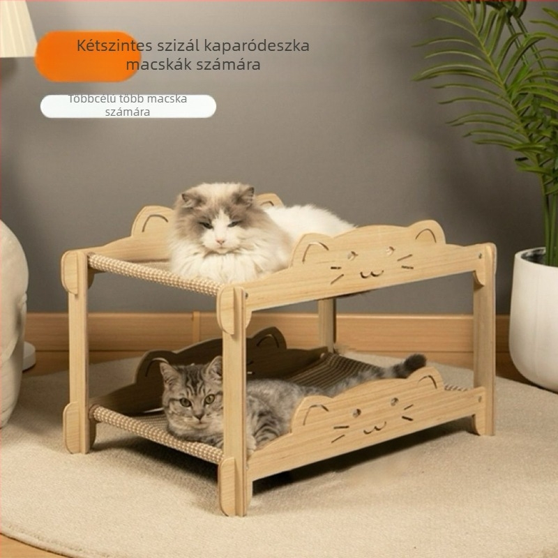 Integrált macskafekhely sisál karcolódeszkával, amely nem hullik, egész éves használatra; fel- és alul egymásra tehető; kétszintes félig zárt macska odú