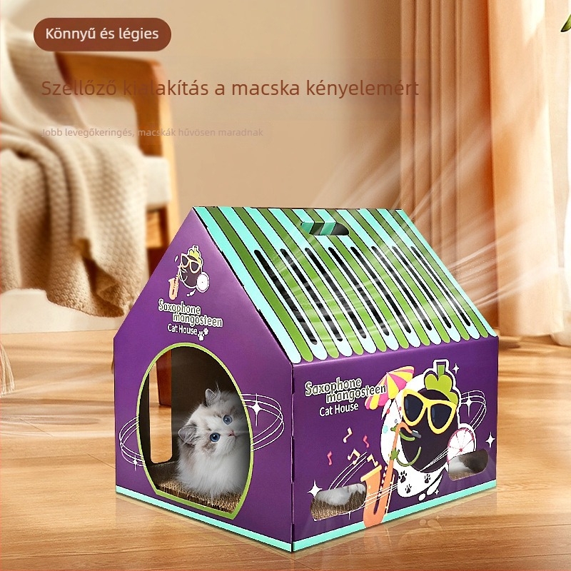 Fából készült macska ház kaparóoszloppal és extra nagy macskafészekkel, lélegző kivitel, minden évszakban használható
