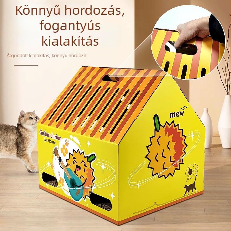 Fából készült macska ház kaparóoszloppal és extra nagy macskafészekkel, lélegző kivitel, minden évszakban használható