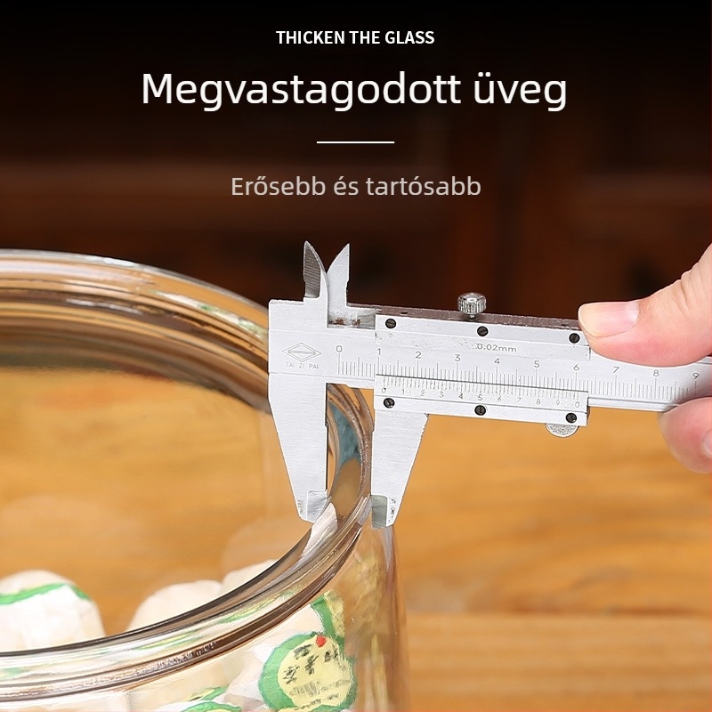 Zárható üvegtároló edény gabonák és száraz termékek számára, kerek alakú, modern minimalista stílus, kapacitás 5 L vagy nagyobb