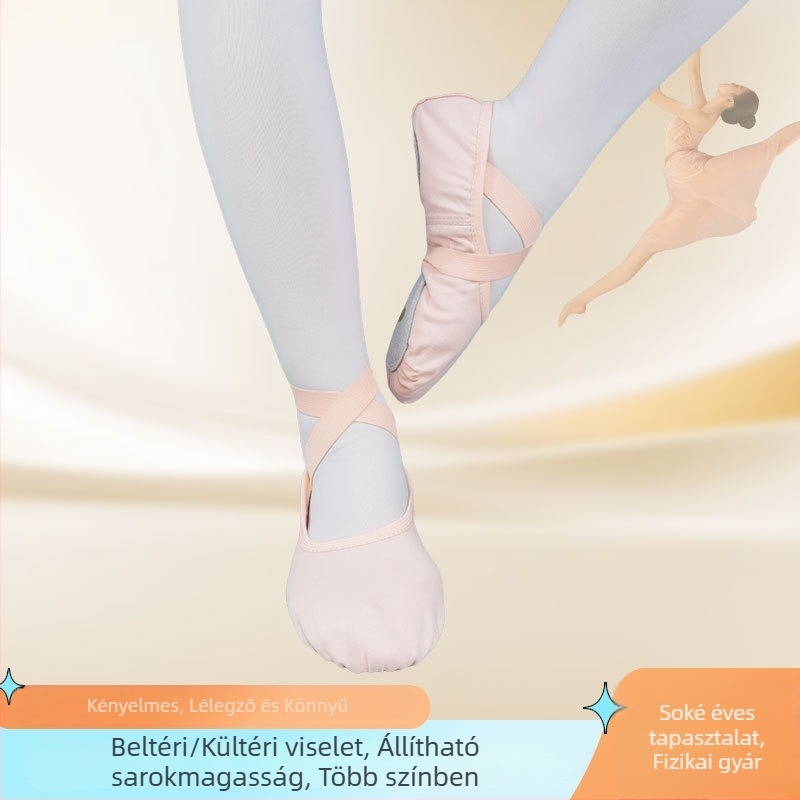 Balettcipő fűző nélküli hosszú pánttal (lélegző, könnyű, bőrtalp, pamut felsőrész)