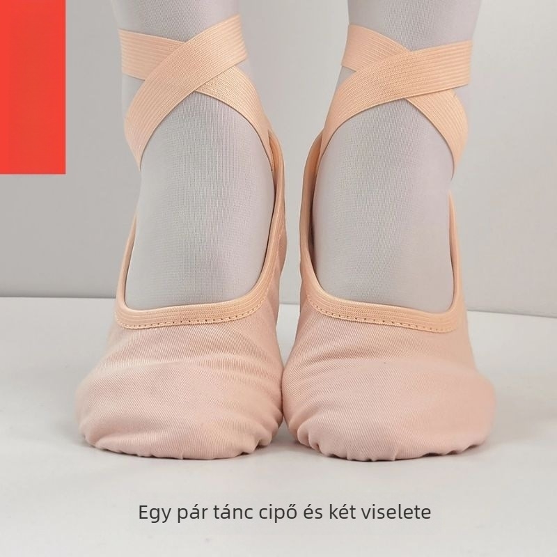 Balettcipő fűző nélküli hosszú pánttal (lélegző, könnyű, bőrtalp, pamut felsőrész)