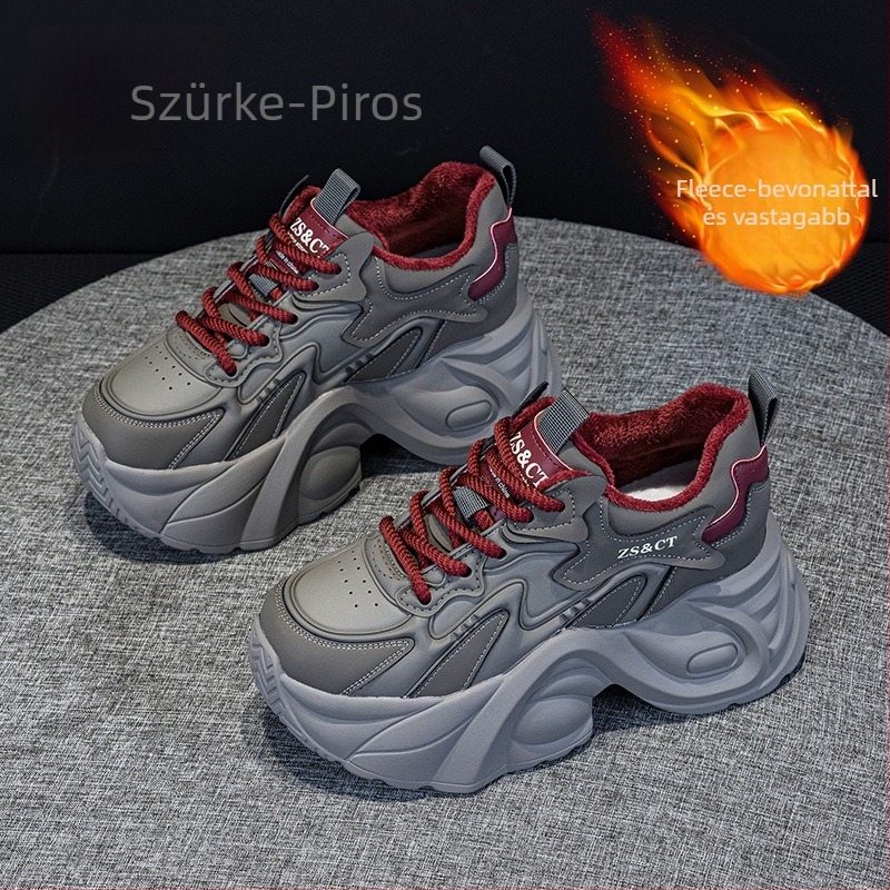 Női edzőcipő vastag talppal - Két réteg marhabőr felsőrész, fleece bélés, 6–8 cm platformos sarok, TPU talp, kötőzár