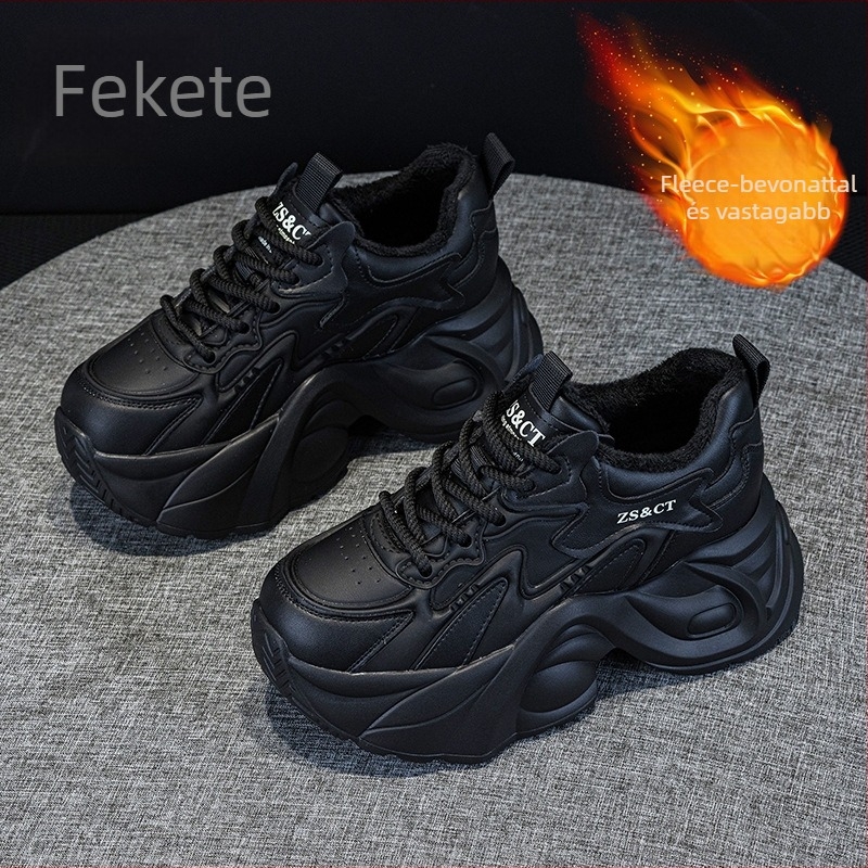 Női edzőcipő vastag talppal - Két réteg marhabőr felsőrész, fleece bélés, 6–8 cm platformos sarok, TPU talp, kötőzár