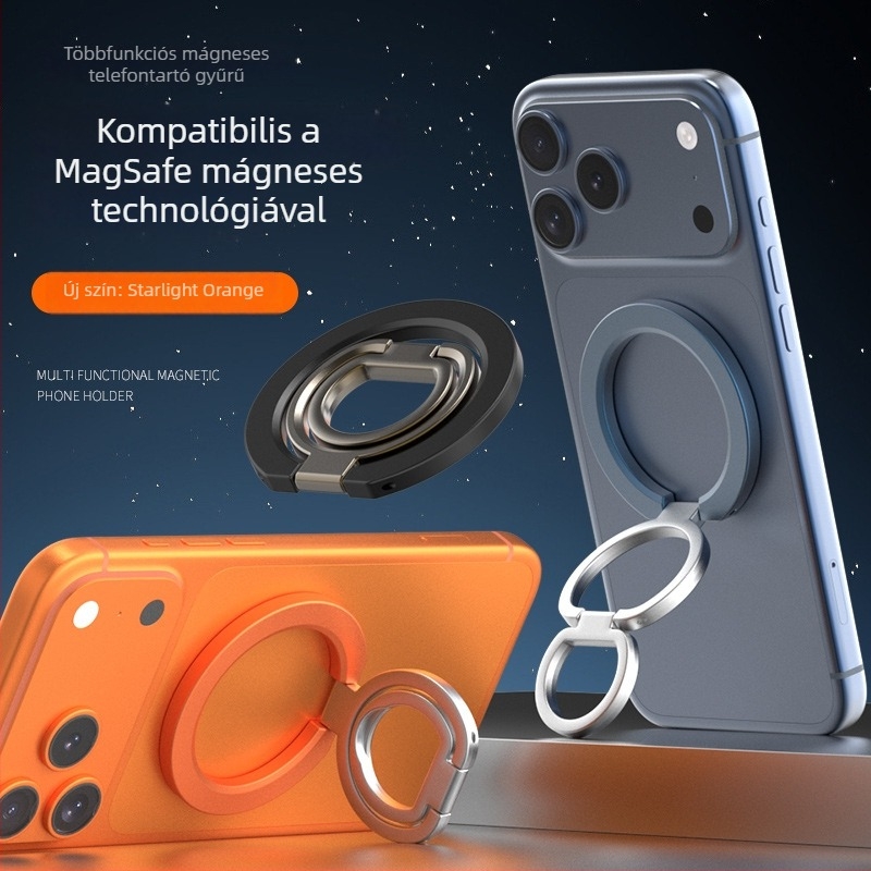 Magsafes kétnyílású mágneses telefon-tartó, többfunkciós gyűrűrögzítés, fémből készült asztali tartó két gyűrűvel