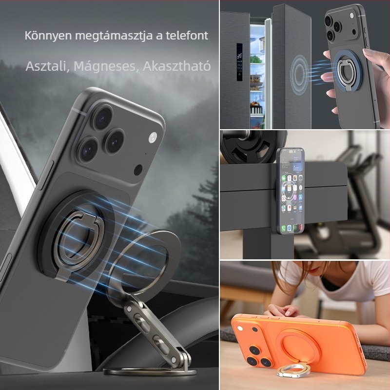 Magsafes kétnyílású mágneses telefon-tartó, többfunkciós gyűrűrögzítés, fémből készült asztali tartó két gyűrűvel