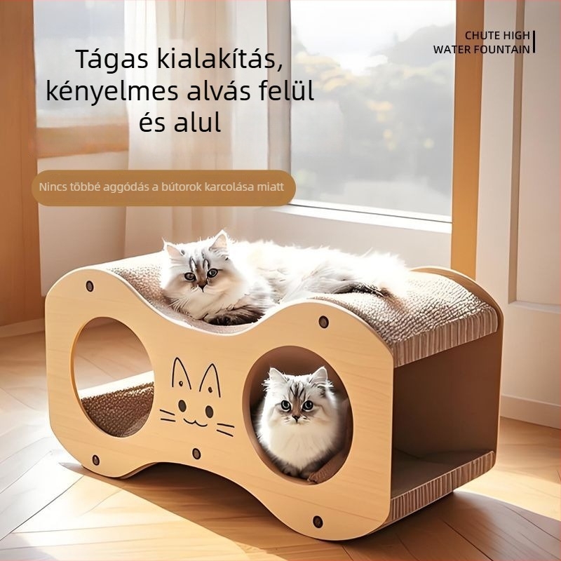 Integrált macskakarcoló deszka és macskaház nagy macskáknak, két szintű felépítés, kopásálló hullámkartonból, japán stílus