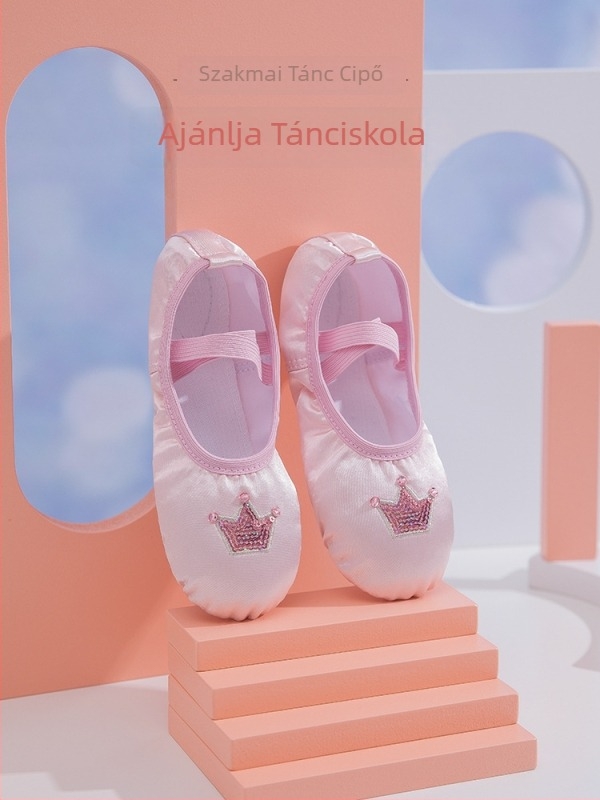 Gyermekeknek szóló lányok tánccipő koronás dizájnnal, felső része selyem, talp macska tappancs mintával, Speed angel