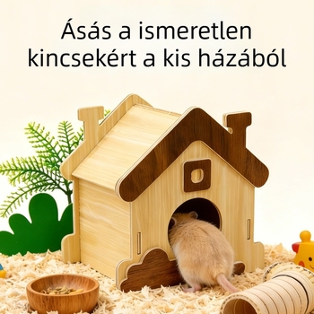 Fából készült hörcsög házikó – rajzfilmszerű stílus, négyszögletes alak, beltéri használatra, pihenésre és rejtőzésre