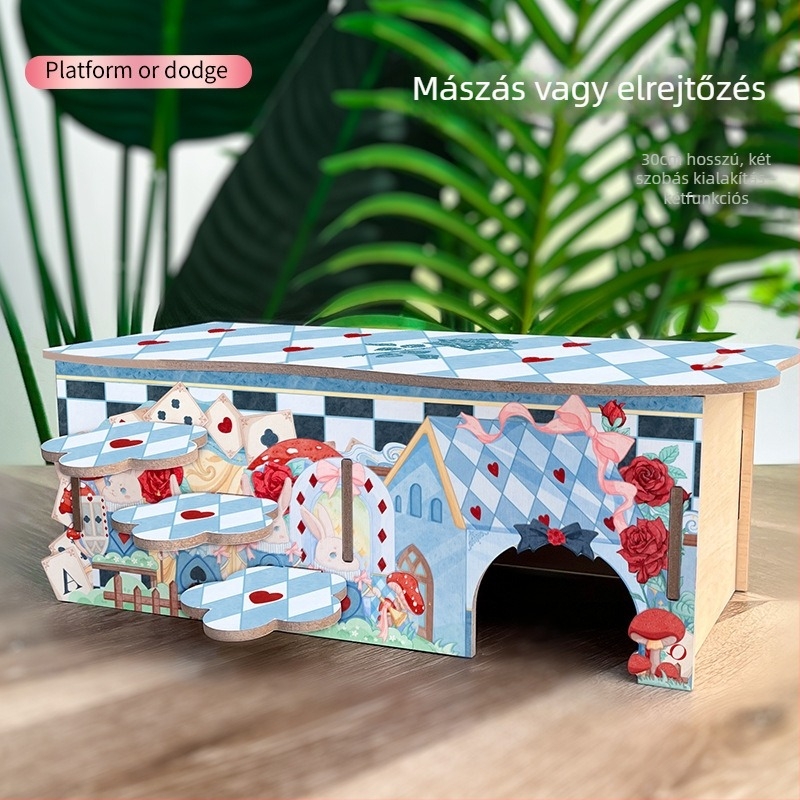 Kétemeletes fa hamsterház kerek alakú kialakítással, beltéri használatra, vízálló