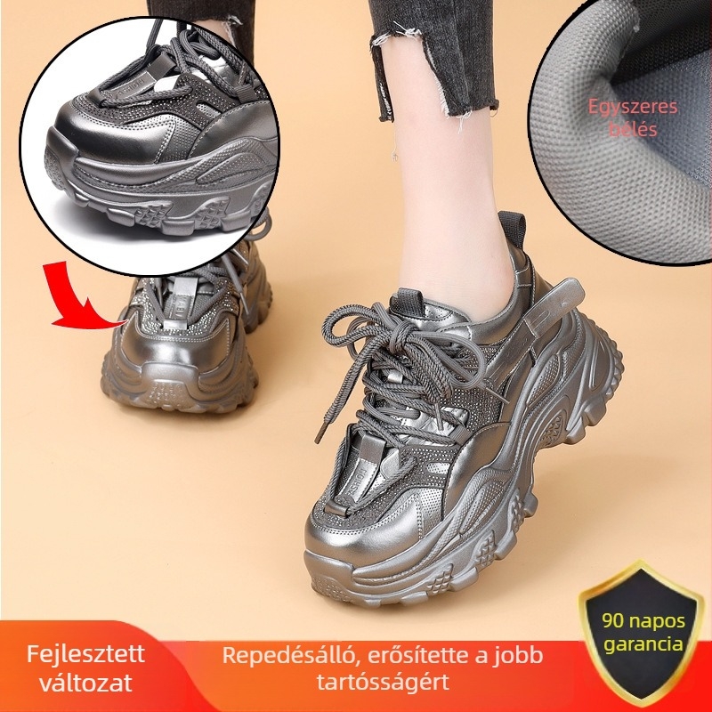 Dad Shoes típusú sportcipő mikroszálas felsőrésszel, 3–5 cm sarokkal, gumitalppal, fűzőzáras (Napi viselet, Nők)
