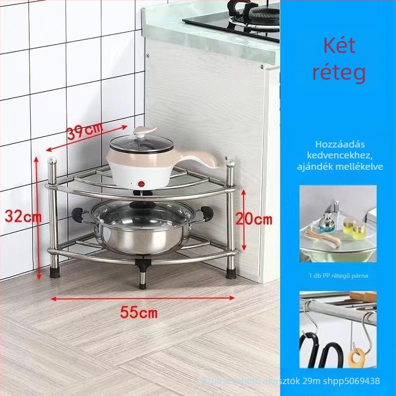 Rozsdamentes acélból készült padlóra álló konyhai tárolópolc, négyszögletes polcokkal és ventilátor alakú sarokkal