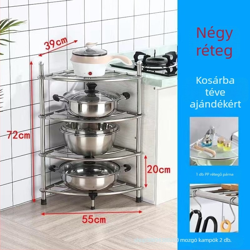 Rozsdamentes acélból készült padlóra álló konyhai tárolópolc, négyszögletes polcokkal és ventilátor alakú sarokkal