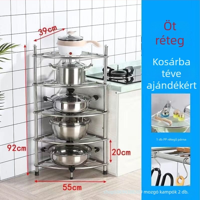 Rozsdamentes acélból készült padlóra álló konyhai tárolópolc, négyszögletes polcokkal és ventilátor alakú sarokkal