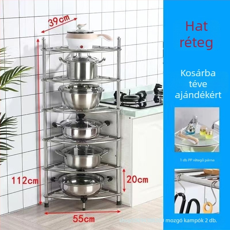 Rozsdamentes acélból készült padlóra álló konyhai tárolópolc, négyszögletes polcokkal és ventilátor alakú sarokkal