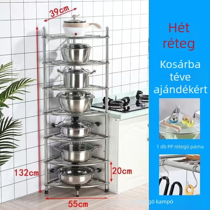 Rozsdamentes acélból készült padlóra álló konyhai tárolópolc, négyszögletes polcokkal és ventilátor alakú sarokkal