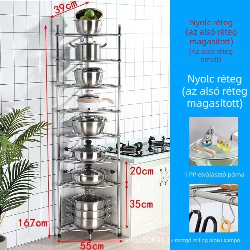 Rozsdamentes acélból készült padlóra álló konyhai tárolópolc, négyszögletes polcokkal és ventilátor alakú sarokkal