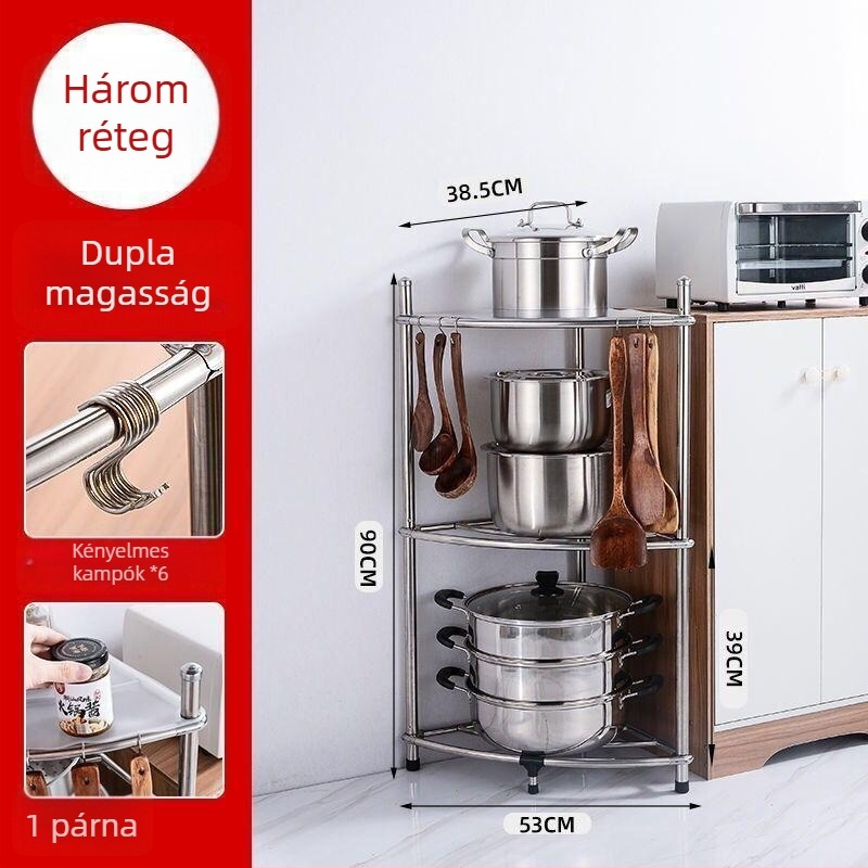 Rozsdamentes acélból készült padlóra álló konyhai tárolópolc, négyszögletes polcokkal és ventilátor alakú sarokkal