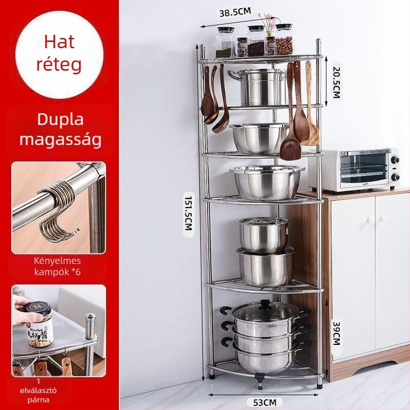 Rozsdamentes acélból készült padlóra álló konyhai tárolópolc, négyszögletes polcokkal és ventilátor alakú sarokkal