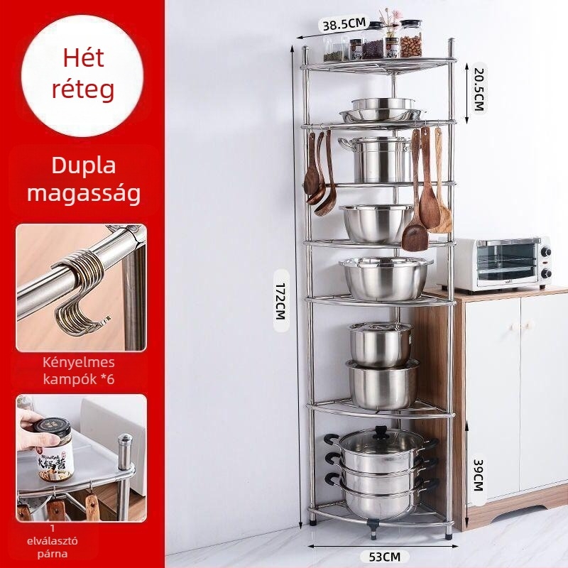 Rozsdamentes acélból készült padlóra álló konyhai tárolópolc, négyszögletes polcokkal és ventilátor alakú sarokkal