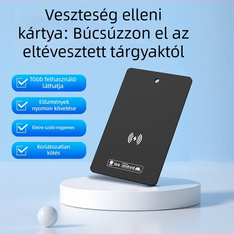 Pénztárca méretű GPS nyomkövető a lopások megelőzésére, Bluetooth, vezeték nélküli töltés, vízálló, 120 mAh akkumulátor, ABS burkolat