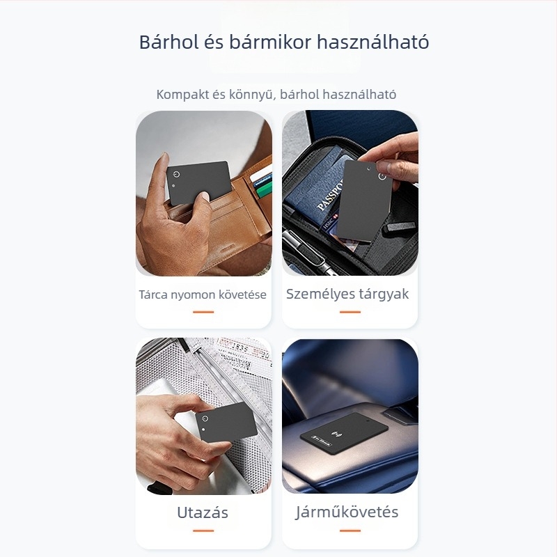 Pénztárca méretű GPS nyomkövető a lopások megelőzésére, Bluetooth, vezeték nélküli töltés, vízálló, 120 mAh akkumulátor, ABS burkolat
