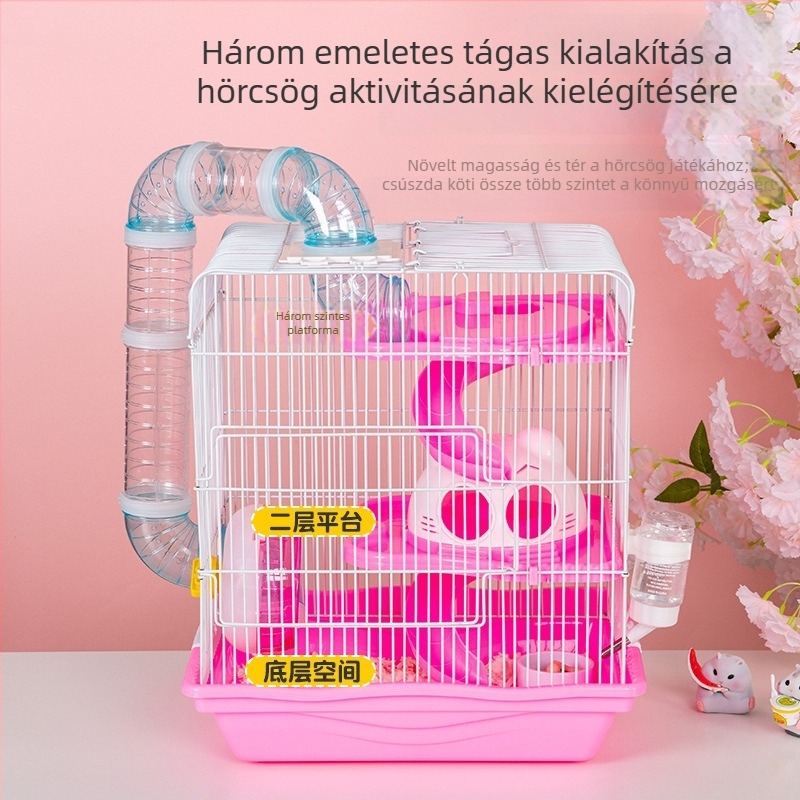 Háromszintes hörcsög-villa ketrec, műanyag, leválasztható, téglalap alakú, beltéri használatra