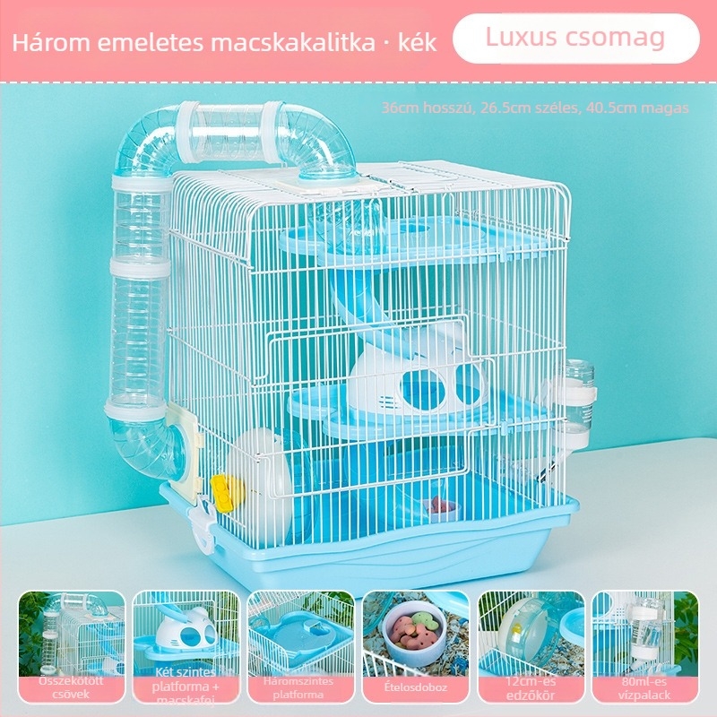 Háromszintes hörcsög-villa ketrec, műanyag, leválasztható, téglalap alakú, beltéri használatra