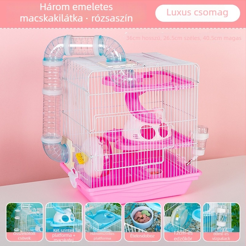 Háromszintes hörcsög-villa ketrec, műanyag, leválasztható, téglalap alakú, beltéri használatra